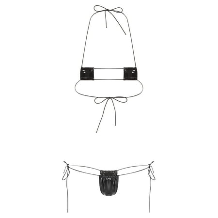 Alvivi Women s Shiny Metallic Leather Micro Bikini Sets Halter Neck Tops Brazilian Thong Swimsuit Type A Black One Size