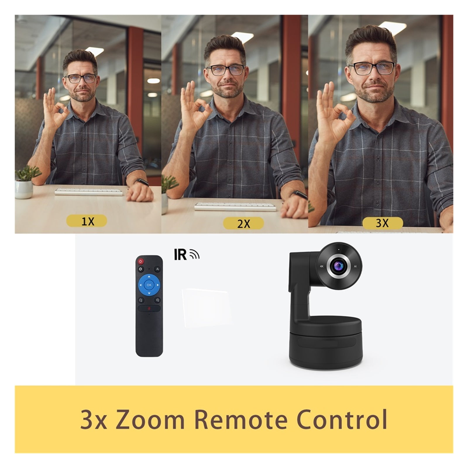 4K Auto Focus AI-Powered PTZ Webcam Remote Control Living Stream Camera 3X Zoom Auto Track Online Meeting Video Camera ,Full Clarity