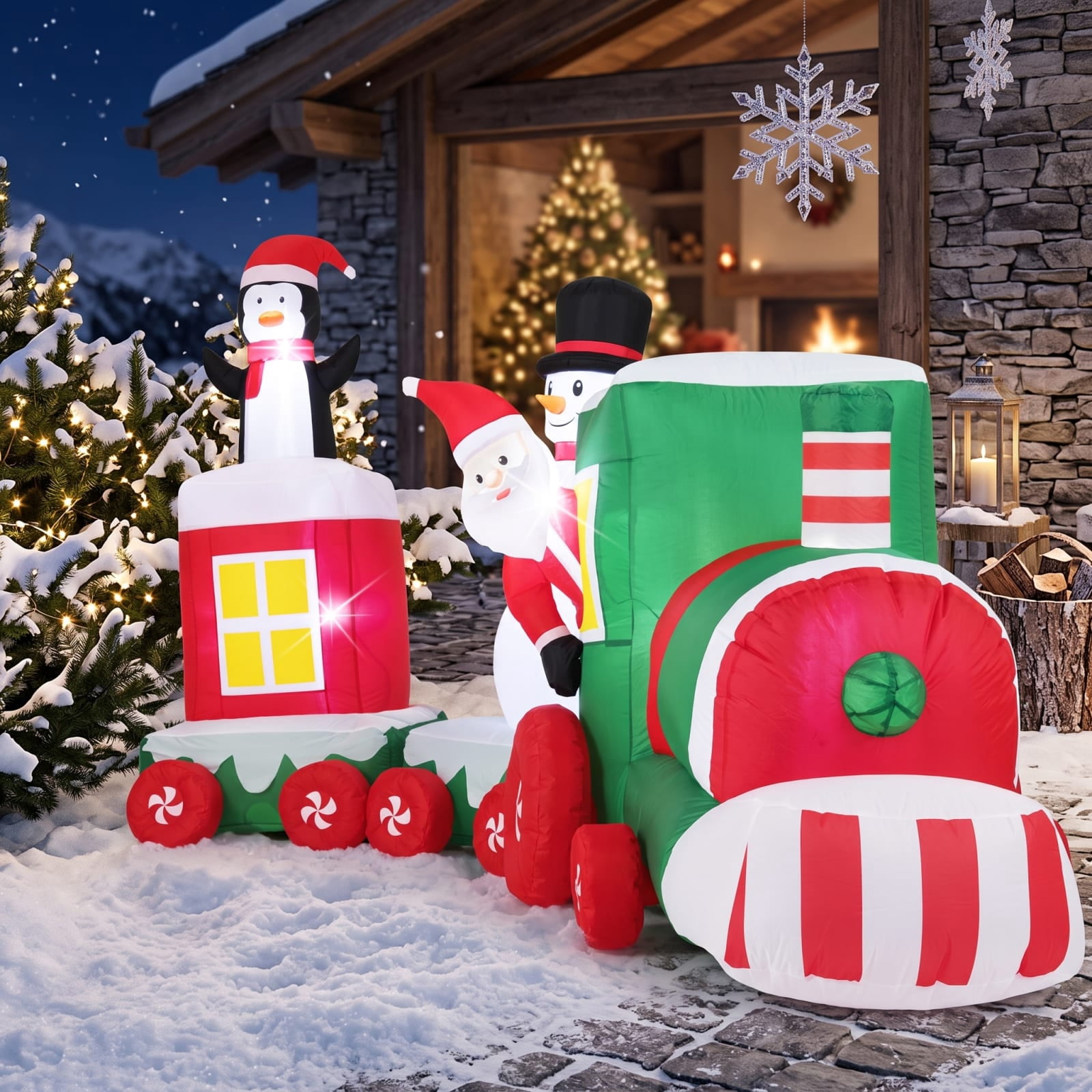 RUIE 11.5 FT Christmas Inflatables Train, Blow Up Santa Driving Train with Snowman Penguin and LED Lights, Outdoor Yard Decor for Lawn - Multicolor