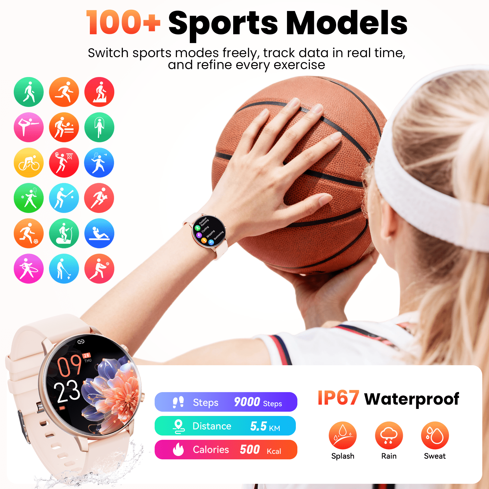 Smart Watch for Women, 1.39" Fitness Tracker with Bluetooth Calls(Answer&Make&Message Reminder), Smart Watch Fits for Android and iPhone, IP67 Waterproof, 100+ Sport Modes Smartwatch, for Gift, Pink