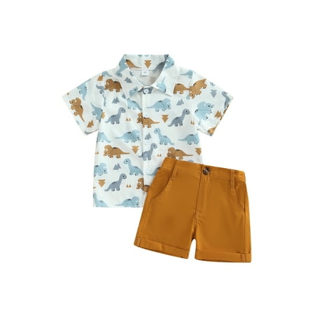

Kids Baby Boys Summer Outfits Dinosaur Print Turn-Down Collar Short Sleeve Shirts Solid Color Shorts 2Pcs Clothes Set
