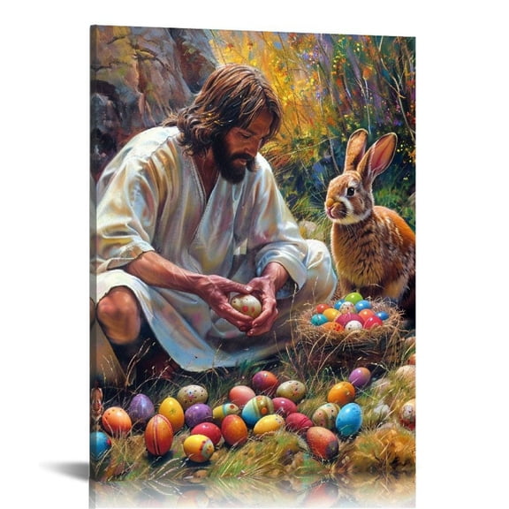 Easter Jesus Bunny with Basket of Eggs Canvas Print Wall Art, Contemporary Artwork Wall Art for Living Room, Bedroom, Bathroom, Office, Hallway, Kitchen Decor, Classic Home Decoration Gift Framed