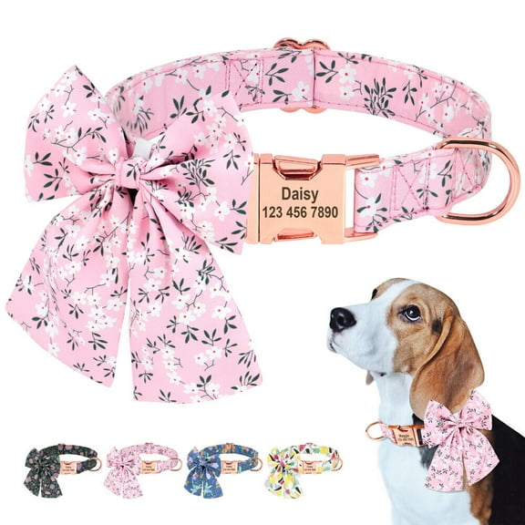 Pet Artist Cute Floral Personalized Dog Collar with Big Bow Tie Pet Name ID Tag Engraved
