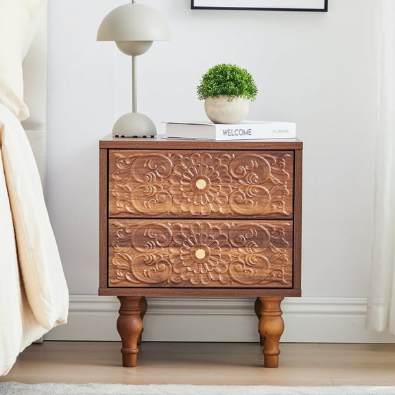 Wirrytor Mid century Short Nightstand with 2 Drawers, Bedside Table 2 Drawer Dresser with Embossed Pattern, Storage End Table with Wooden Legs for Bedroom & Living Room,Walnut