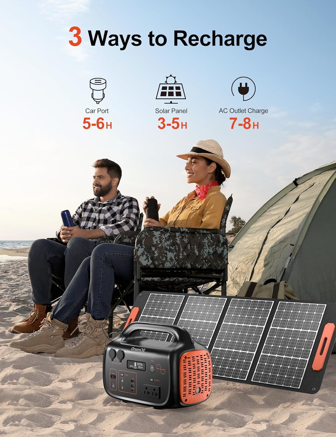 GreenOE Portable Power Station 600W 655Wh 11 Ports Camping Power Bank for Outdoors Home LED Lithium Battery Backup with USB-C Solar generator with 120V Pure Sine Wave AC Outlet