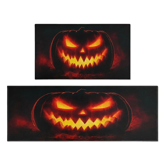 Halloween Kitchen Rug Set Of 2 Non Slip Kitchen Mats for Floor,Scary Night Halloween Horror Pumpkin Rug for Kitchen Floor for Bathroom,Room Door (47x17 30x17 Inches)