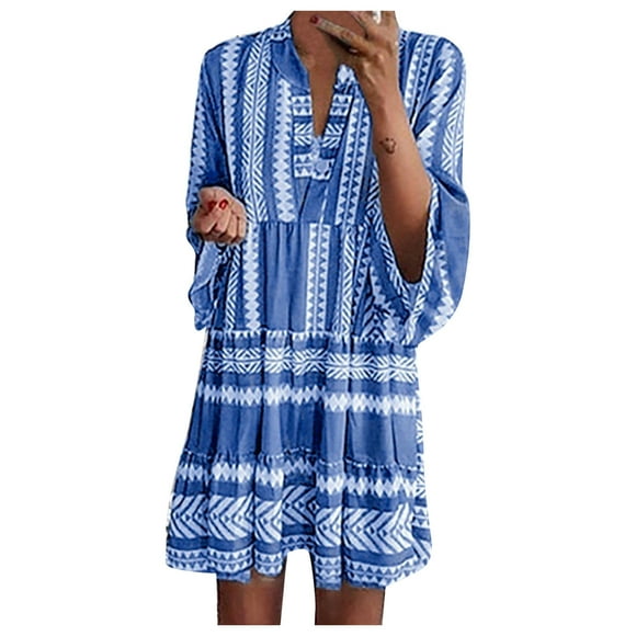 TJAZFJPA Teen Dresses Womens V-Neck Smock Dress Ladies Summer Holiday Swing Print Mini Dress Oversize Blue Maternity Dress Flapper Dresses for Women 1969