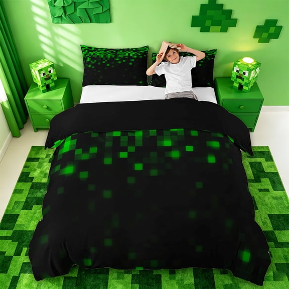 jejeloiu Green Pixel Miners Duvet Cover Set Kids,Abstract Geometric Plaid Bedding Full For Boys,Reversible,3 Pieces(No Comforter)