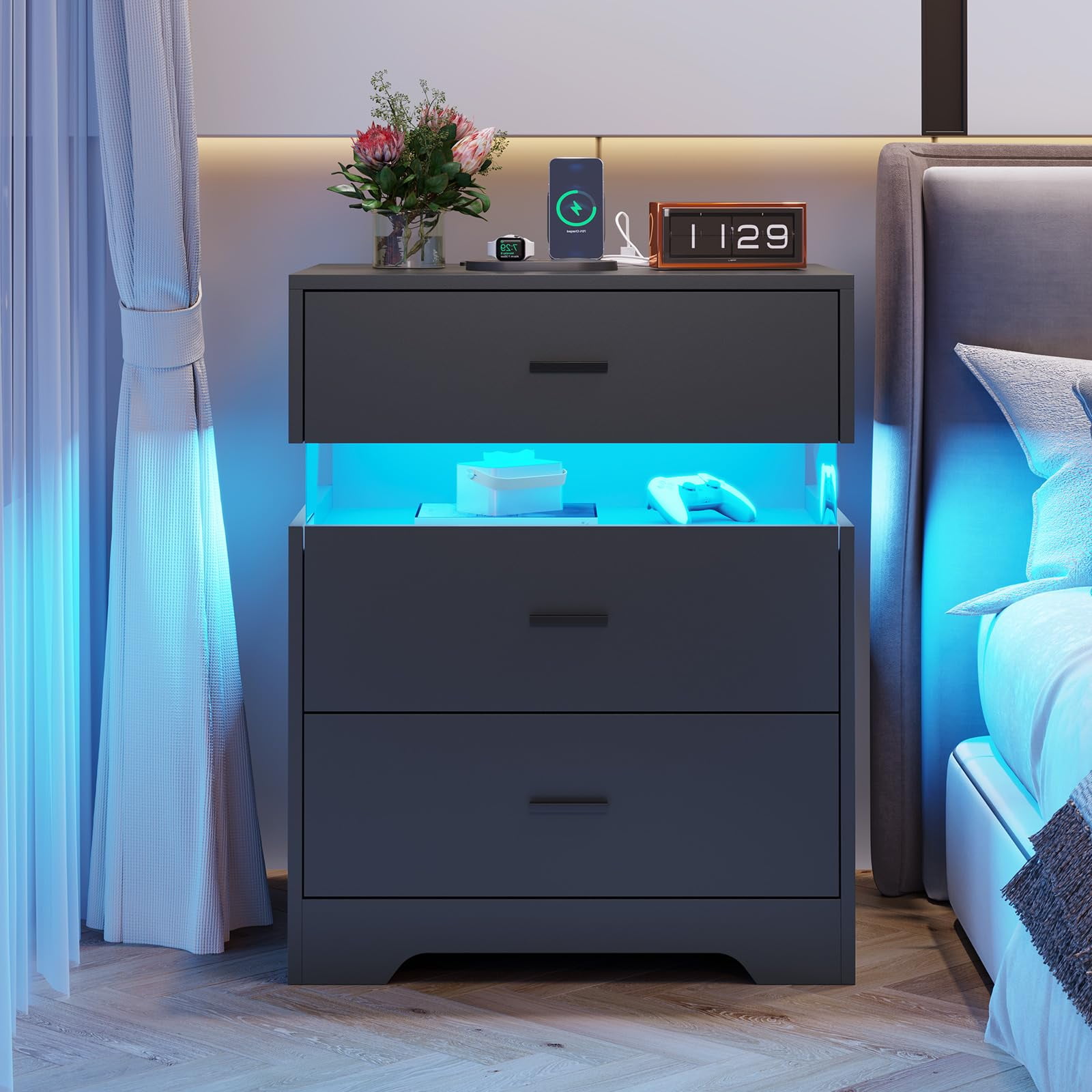 Black Nightstand with Charging Station USB Port,LED Light Nightstand