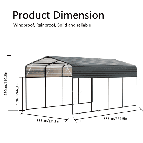 Metal Carport 11x19 FT Heavy Duty Galvanized Steel Roof Car Shelter, Portable Vehicle Storage with Dark Grey Frame for Garden & Outdoor, Dark Grey
