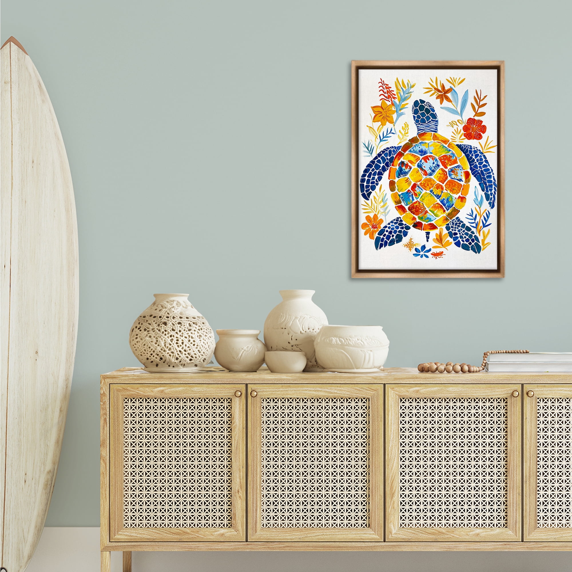 Stupell Industries Nautical Patterned Turtle Coastal Painting Brown Floater Framed Canvas Art Print Wall Art, 21 x 31