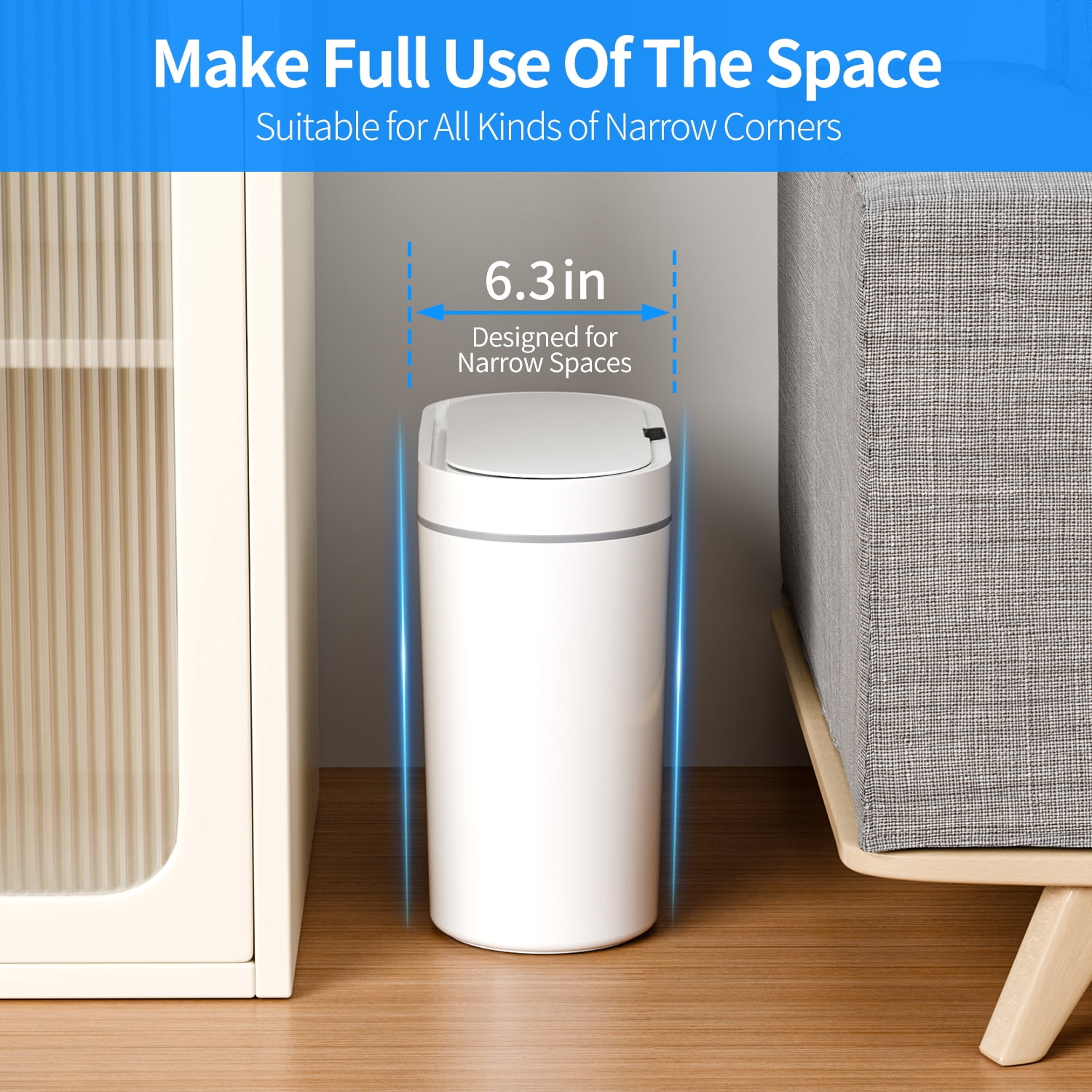 TINANA Automatic Sensor Trash Can: 3.7 Gallon Plastic Garbage Bins, 14L Waterproof Touchless Slimline Wastebasket for Bathroom, Bedroom, Kitchen, Office, White