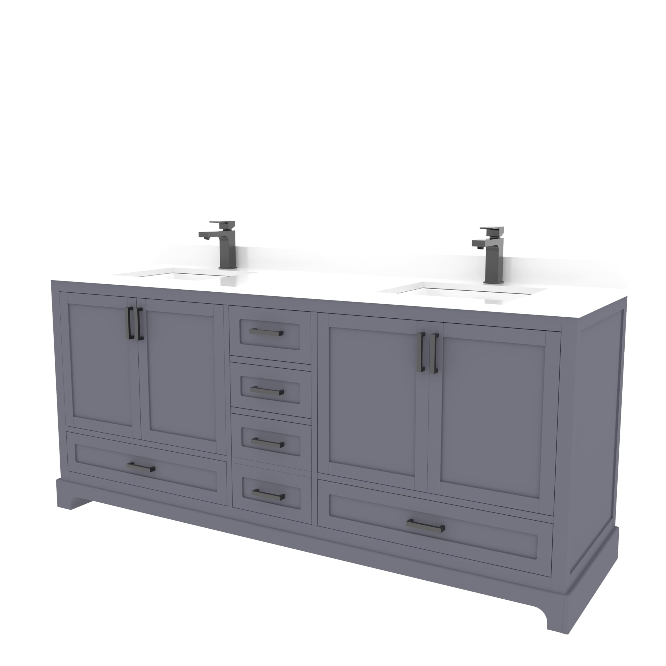 Ayna Decors Maya 72 in Charcoal Grey Double Sink Bathroom Vanity Set with White Quartz Countertop | 4 Soft Closing Doors | 6 Full Extention Soft Close Drawer | Black Hardware