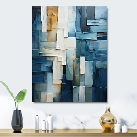 Designart "Geometric Abstract Square Fusion" Abstract Metal Wall Art, Blue Metal Wall Decor, Modern Metal Art Decor For Bedroom - 30x40 Inch
