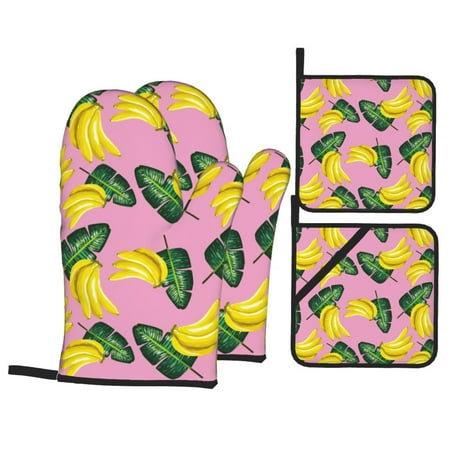 

Oven Mitts and Pot Holders Sets 4 pcs Cute Banana Green Leaves Non-Slip Oven Gloves Potholders Soft Quilted Lining Heat Resistant Gloves Hot Pads for Kitchen Cooking Baking