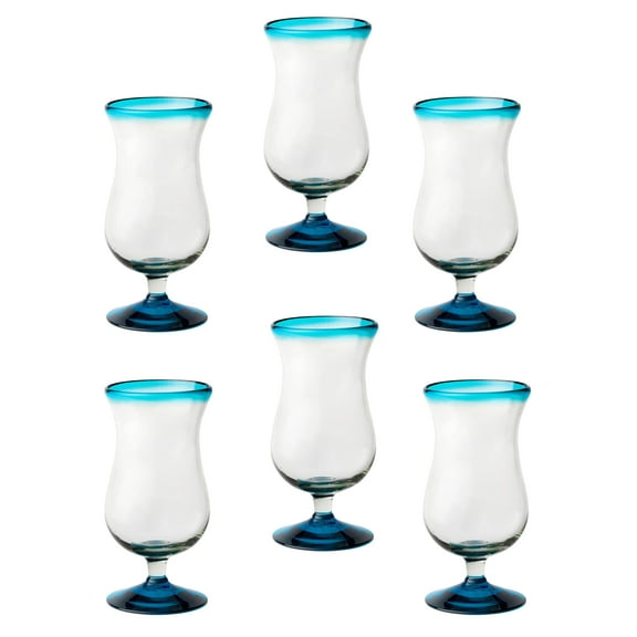 10 Strawberry Street Aqua Rim Hurricane Handblown Mexican Glass, Set of 6