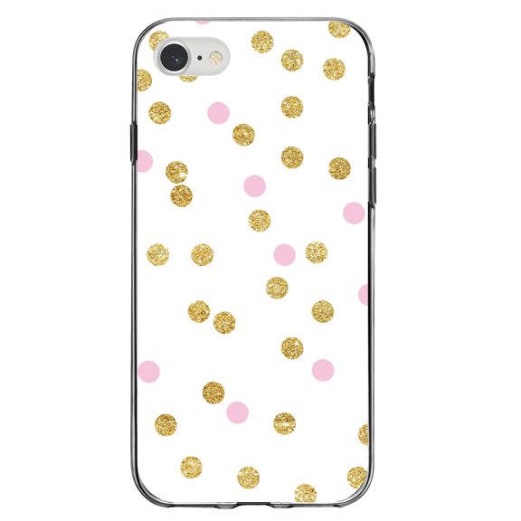 DistinctInk Clear Shockproof Hybrid Case for iPhone 7 8 SE (2020 Model) 4.7" Screen TPU Bumper Acrylic Back Tempered Glass Screen Protector - Pink & Gold Print - White / Pink / Gold Dots Pattern