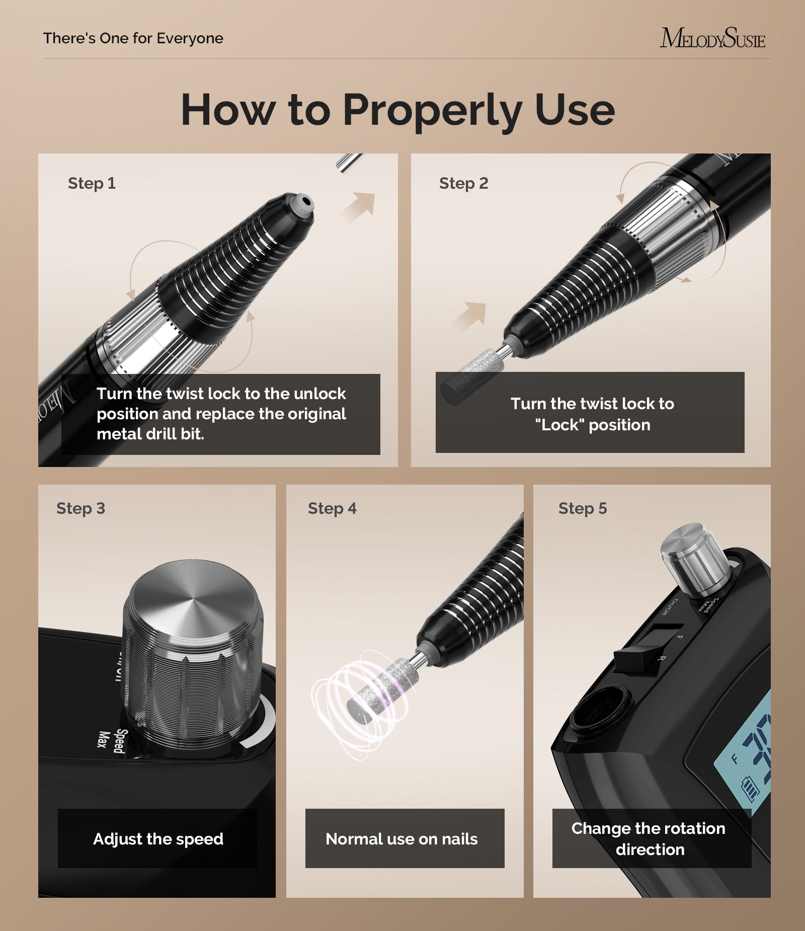MelodySusie Entry-Level Clip-On Cordless Nail Drill,SC320D 30000RPM Nail E-File with LCD Display for Manicure Shaping & Gel Removal,Black