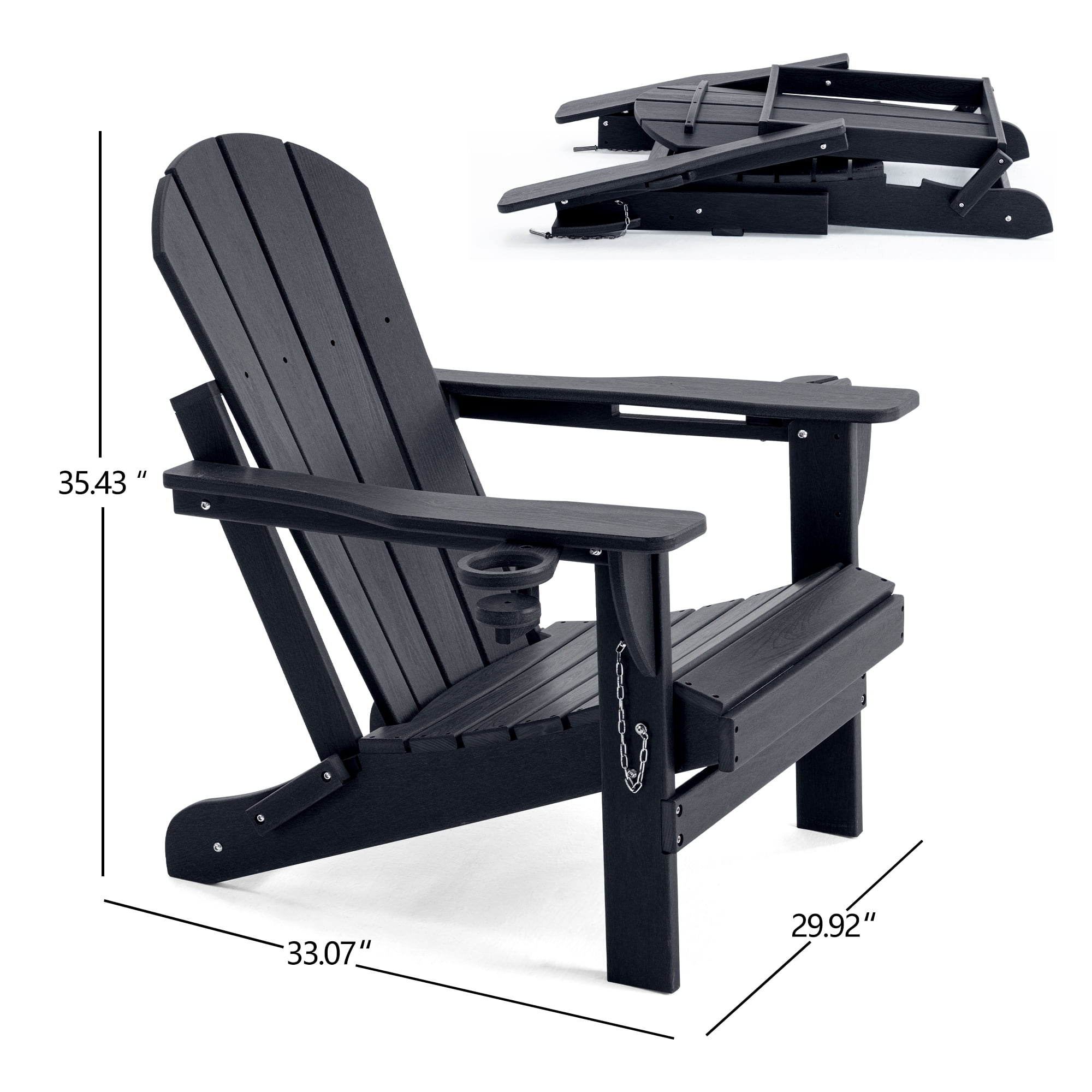 ENYLAY Folding Adirondack Chair with Dual Cup Holders & Phone Holder, All-Weather HDPE Fire Pit Chairs for Outdoor, Patio, Poolside, Garden(Black,Set of 2)