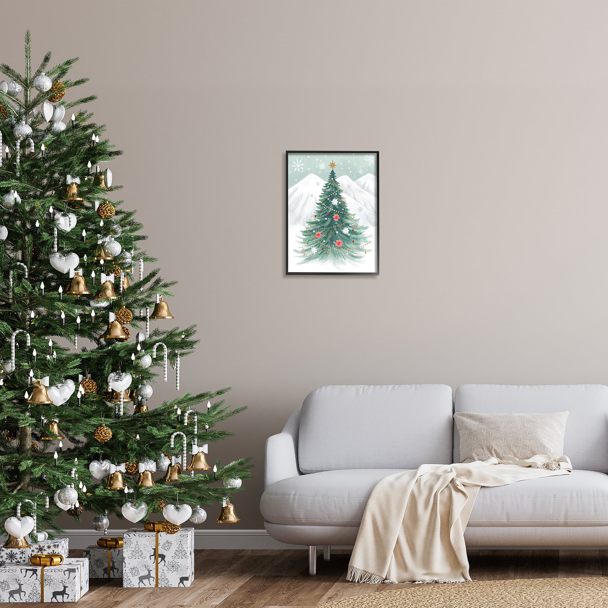 Stupell Industries Subtle Christmas Tree in Snow Holiday Painting Black Framed Art Print Wall Art, 16 x 20