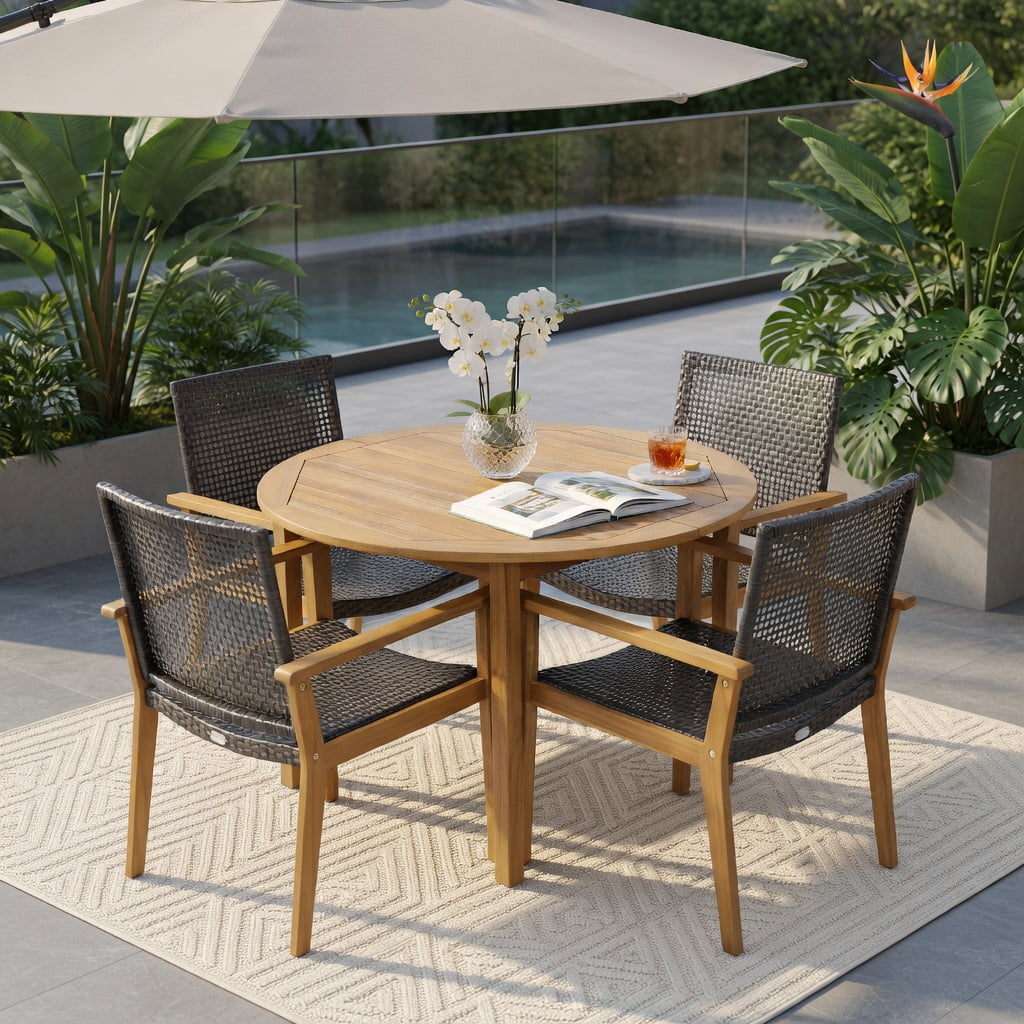Hommoo Set of 4 Outdoor Rattan Dining Chairs with Natural Acacia Wood Frames, Weather-Resistant PE Wicker, Sturdy X-Frame Design, Ideal for Patio, Backyard, Poolside & Balcony, Brown