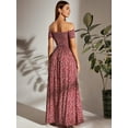 thumbnail image 2 of Burgundy Off Shoulder Shirred Bodice Ditsy Floral Maxi Dress With Side Slit, 2 of 6
