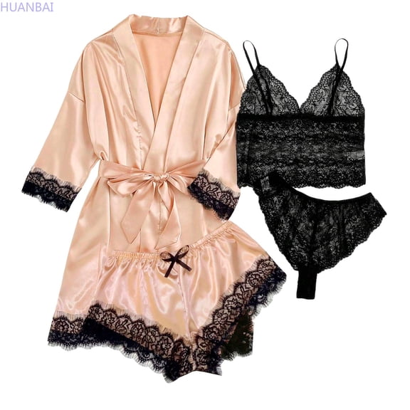 HUANBAI Silk Pajamas For Women Set 4 Piece Satin Sleepwear Classic Button Down Short Sleeve Pj Set Cute Loungewear Casual Sleepwear