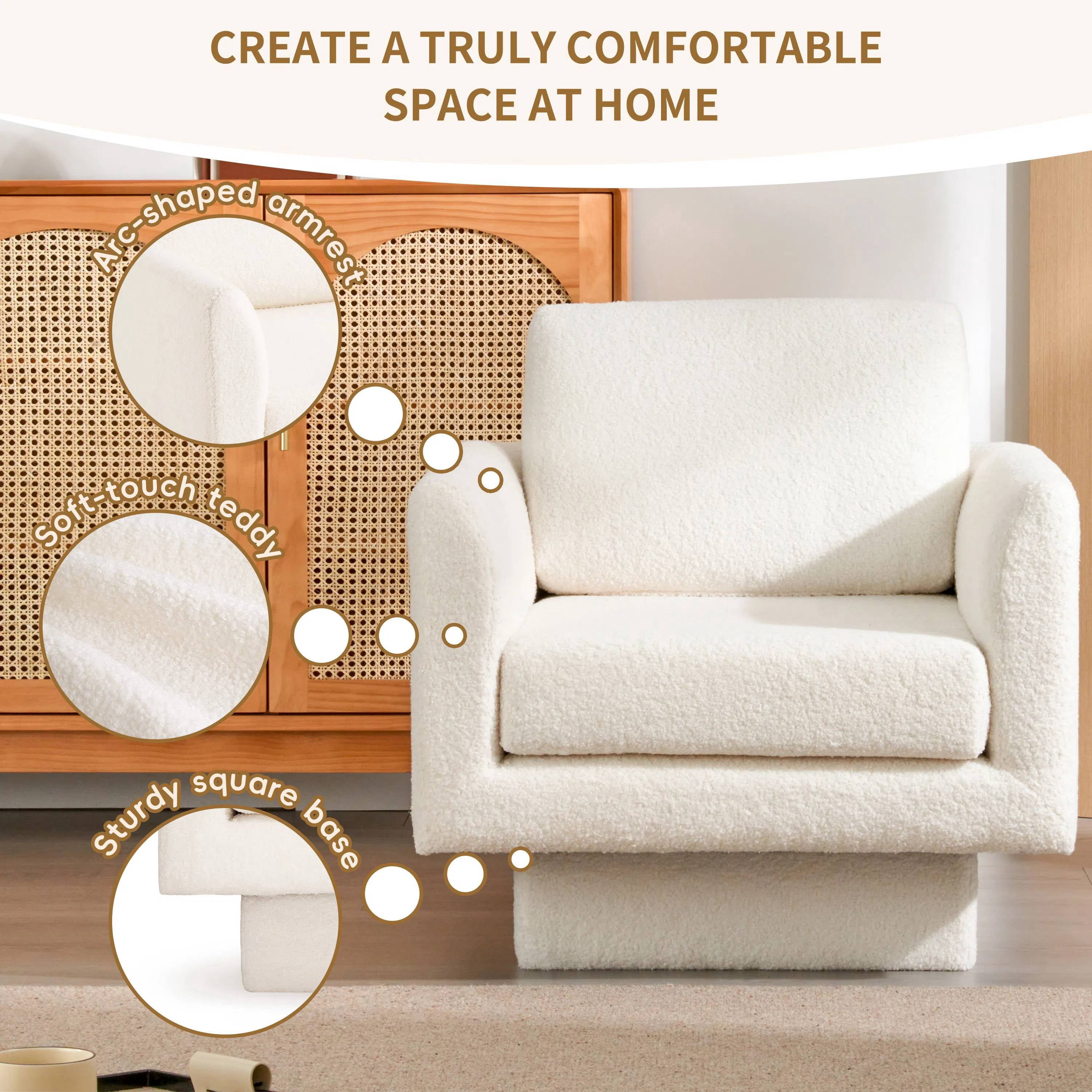EUROCO 30" W Oversized 360° Swivel Accent Chair,Comfy Round Armchair with Teddy Sherpa Fabric,Solid Wood Frame and Upholstered Deep Seat,Thick Padded Arm Chair for Living Room/Nursery/Bedroom,Cream