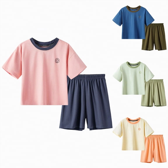 YDFCWXW Boys Summer Clothes Sets Kids Colorblock Matching Outfits Size 3-18 Years (Orange, 13-14 Years)