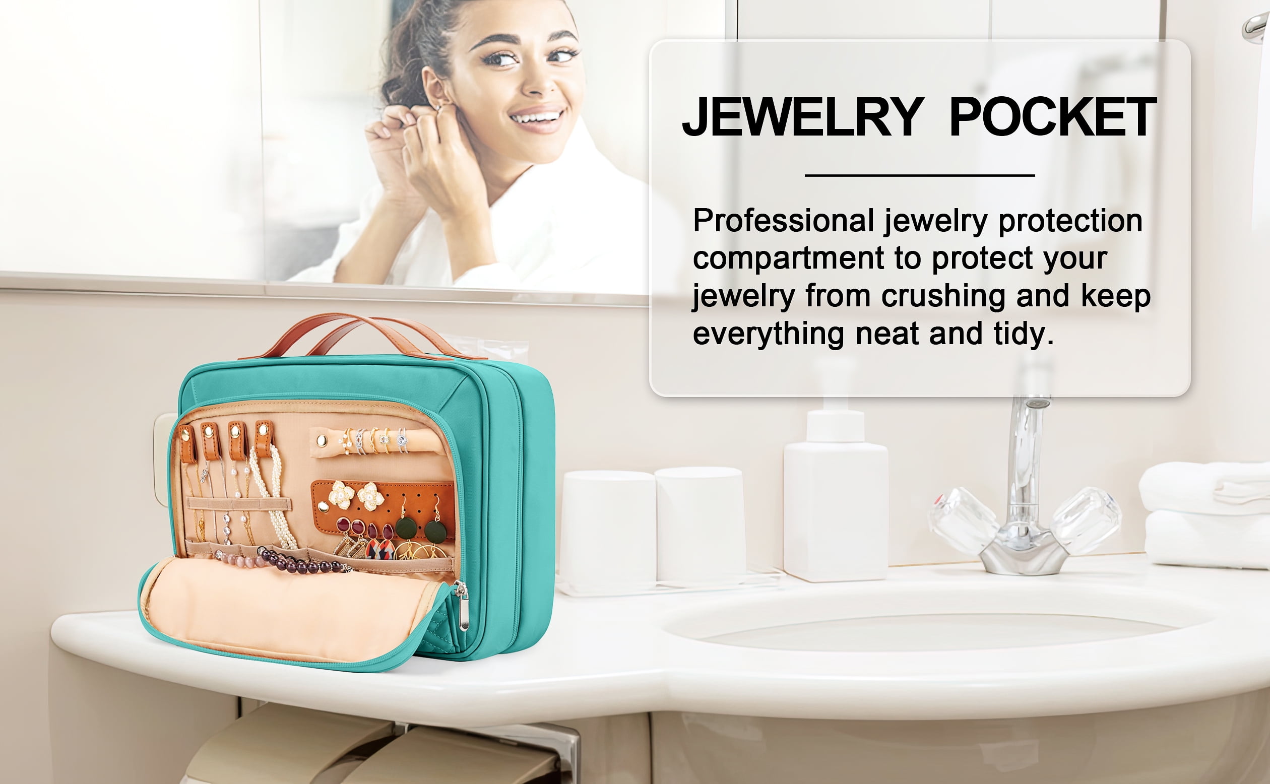 Travel Hanging Toiletry Bag for Women, Extra Large Makeup Bag, Holds Full-Size Shampoo, with Jewelry Organizer Compartment, Waterproof Cosmetic Bag, Toiletries Kit Set with Trolley Belt, Blue