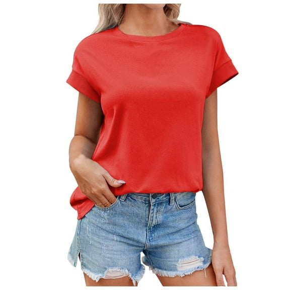 XUELUO Boho Tops For Women Summer Solid Color Round Neck Short Sleeve Loose Fit Casual Elegant Shirts For Women T-shirts Daily-WearL