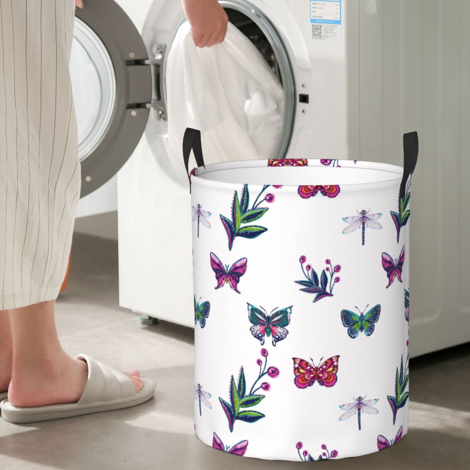 Large Laundry Basket with Handles - Butterfly Plant Dragonfly Kids Baby Dirty Clothes Laundry Hamper for Bedroom Aesthetic