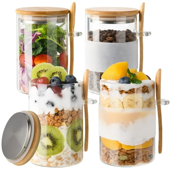 BPFY Lot de 4 Pots à Gruau de Nuit en Verre avec Couvercles Intérieurs en Acier Inoxydable, Contenants de 16,9 Oz pour Gruau de Nuit avec Cuillères et Bandes en Silicone Antidérapantes, Pots à Pouding aux Graines de Chia pour Yogourt, Préparation de Repas, Salade