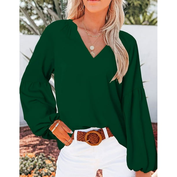 Blusas con cuello en V para mujer manga farol camisas sueltas y fluidas para citas en el trabajo de oficina Walmart en linea