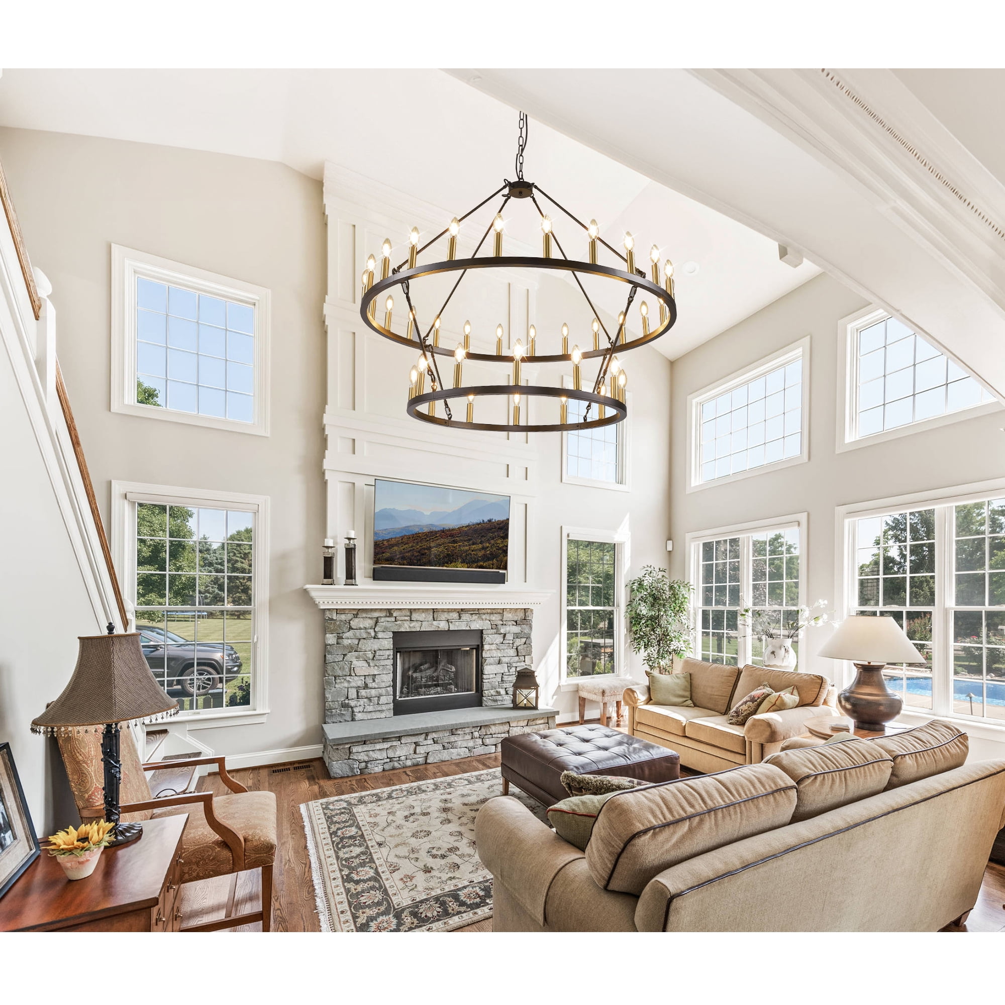 Farmhouse 47'' 2 Layer 36-Light Large Black Gold Wagon Wheel Chandelier for Porch,Entryway,Living Room