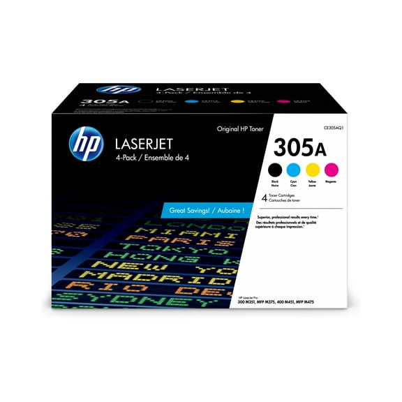 HP 305A 4-pack Black/Cyan/Magenta/Yellow Original LaserJet Toner Cartridges,