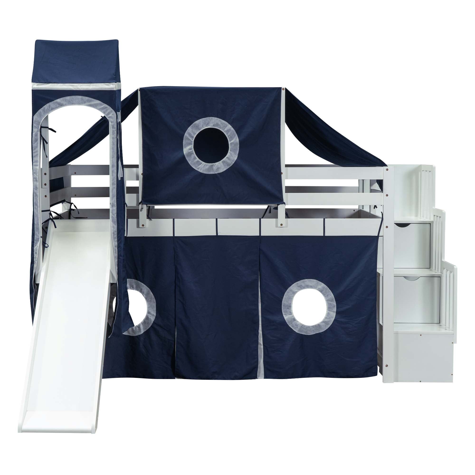 Aukfa Twin Loft Bed with Slide - House Loft Castle Bed with Stairway Tent Tower for Kids - Navy