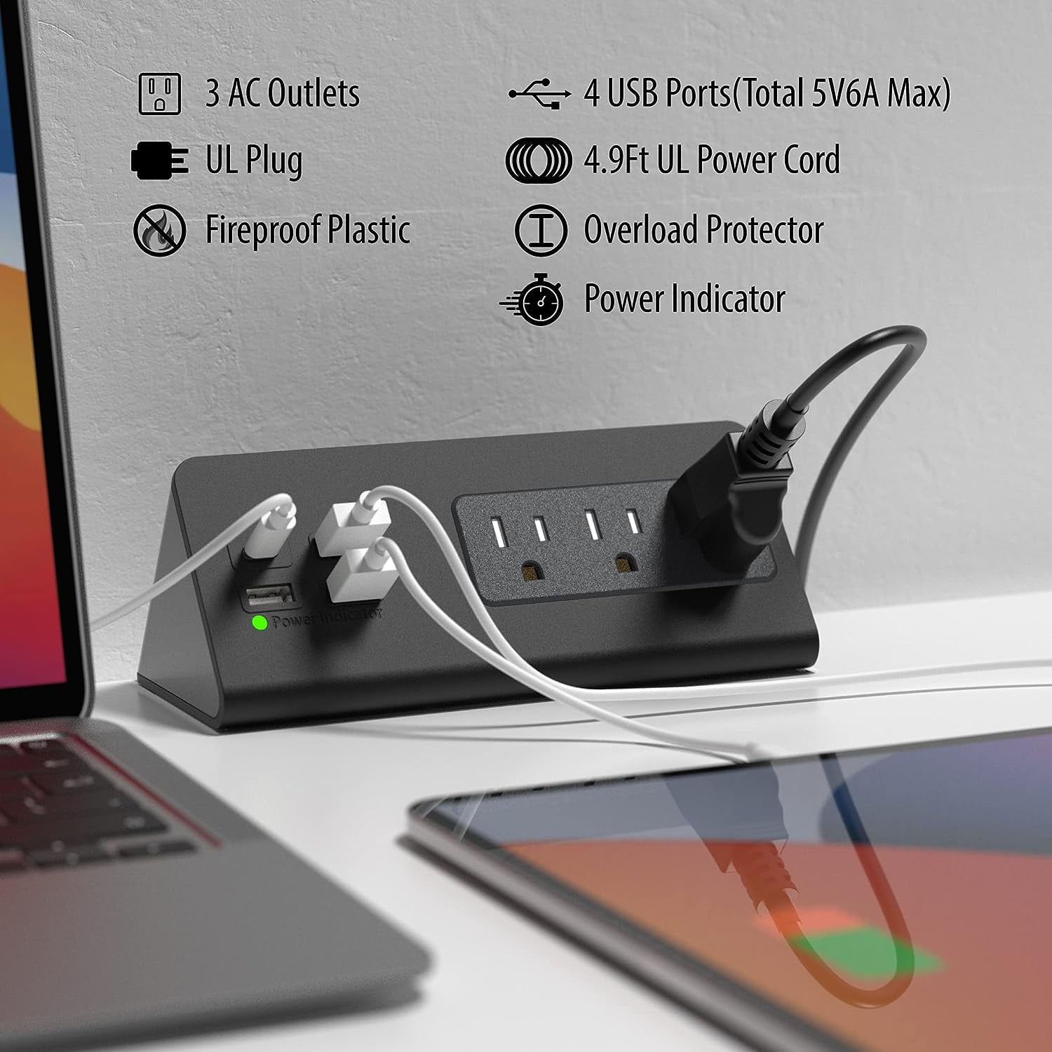 2-Pack Nightstand Power Strip – Edge Mounted Desk Clamp Surge Protector, 3 AC Outlets + 4 USB Ports including USB-C, Ideal for Home, Office, Dormitory, Hotel
