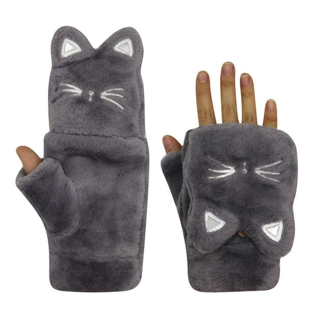 WJCA Mitaines Convertibles à Rabat pour Femmes, Conception Chaude et Douce en Peluche de Chat comme Gants Sans Doigts, pour les Activités Extérieures d'Hiver des Filles, Noir