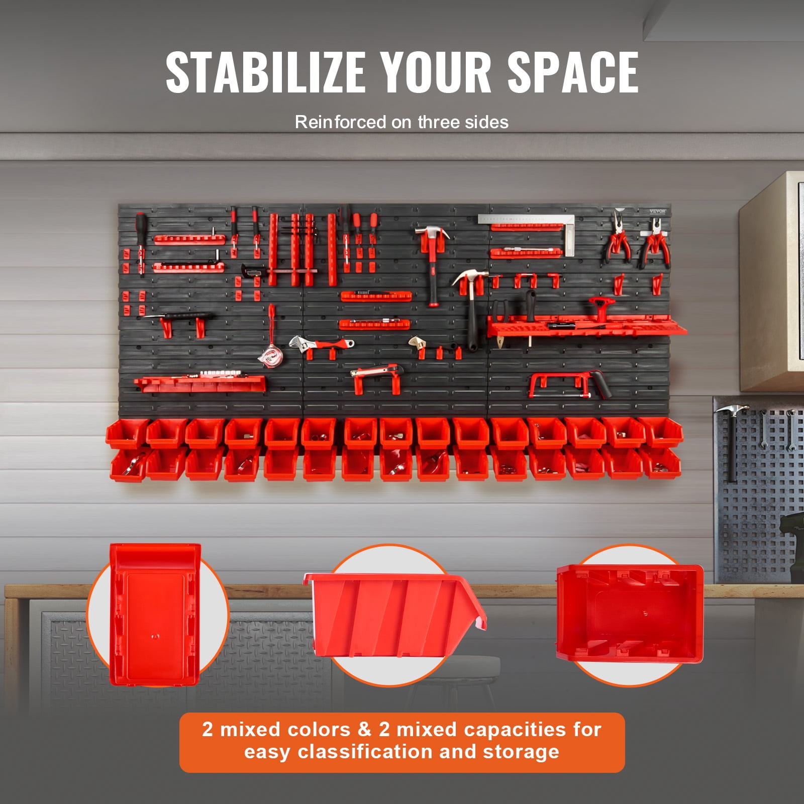 VEVOR Wall Mounted Storage Bins,30-Bin Parts Rack Organizer Garage Plastic Shop Tool with Wall Panels/Tool Holders/Hooks,Tool Organizer for Nuts, Bolts, Screws, Nails, Beads, Buttons,Black and Red