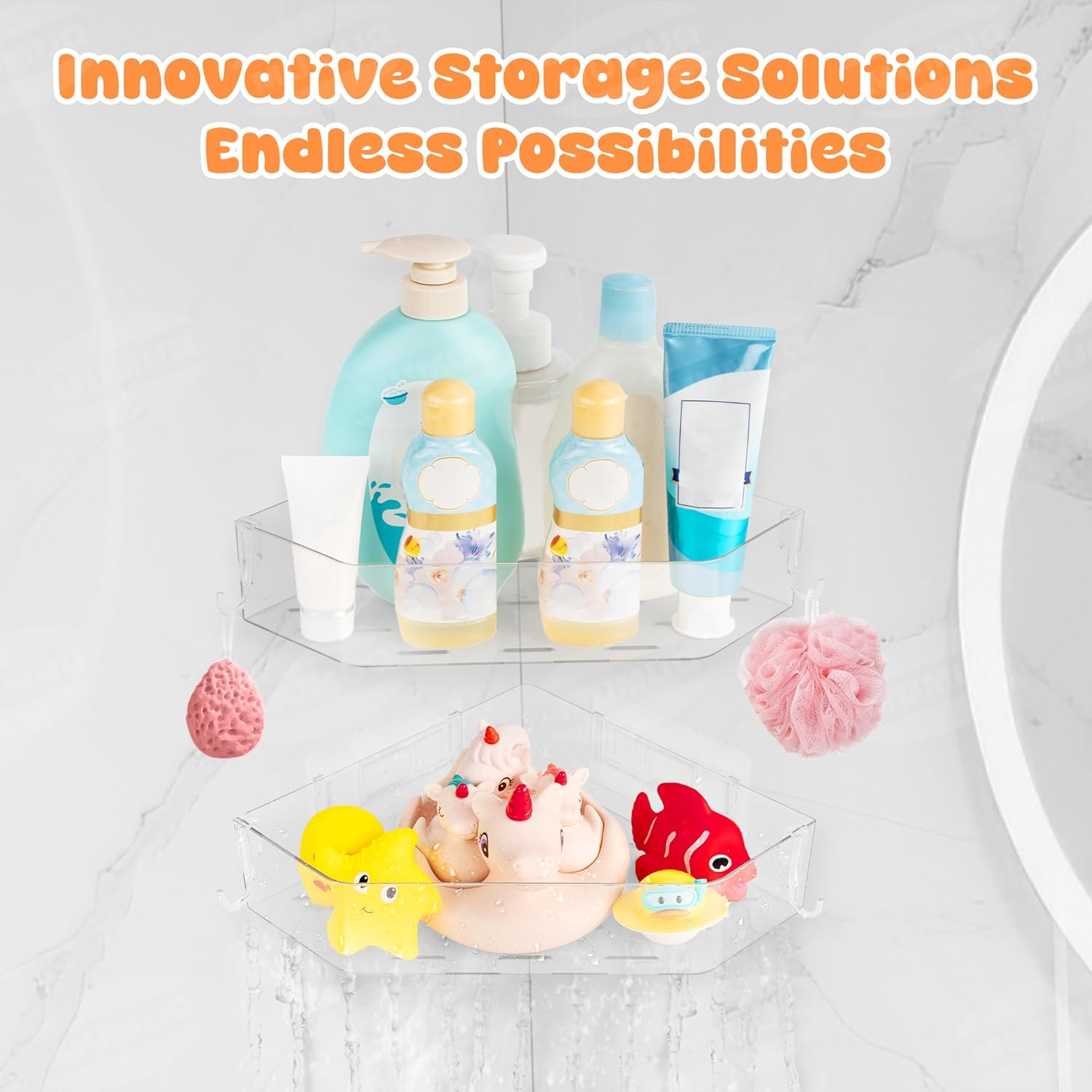 Bath Toy Storage Corner Adhesive Shower Caddy for Baby Bath Toys Bathtub Toy Storage Holder Organizer Large Capacity Acrylic Shower Shelves for Bathroom Babies Bathing Accessories Shelf, 2 Pack