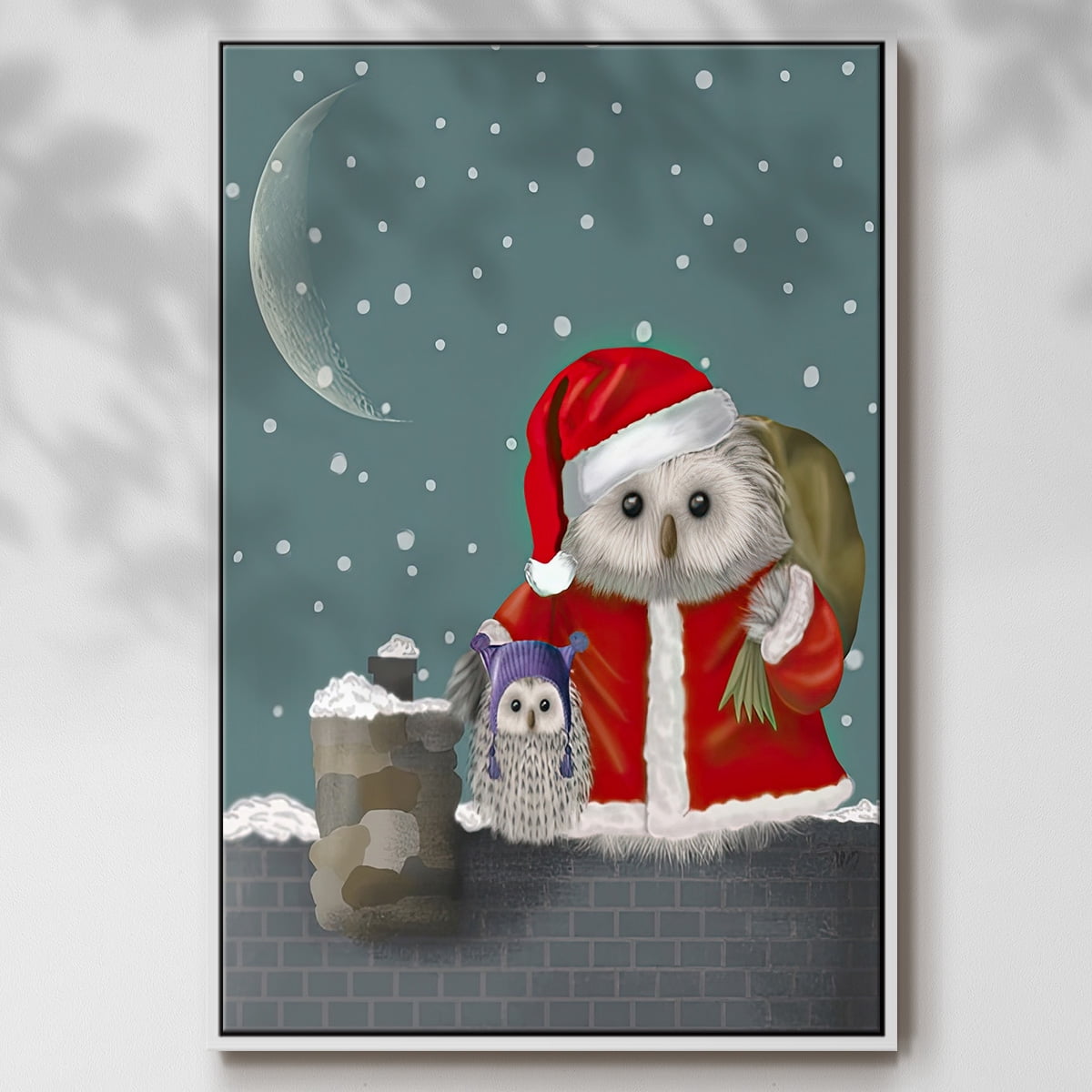 Christmas Santa Owl - Framed Gallery Wrapped Holiday Canvas - 17 x 25 - White Frame