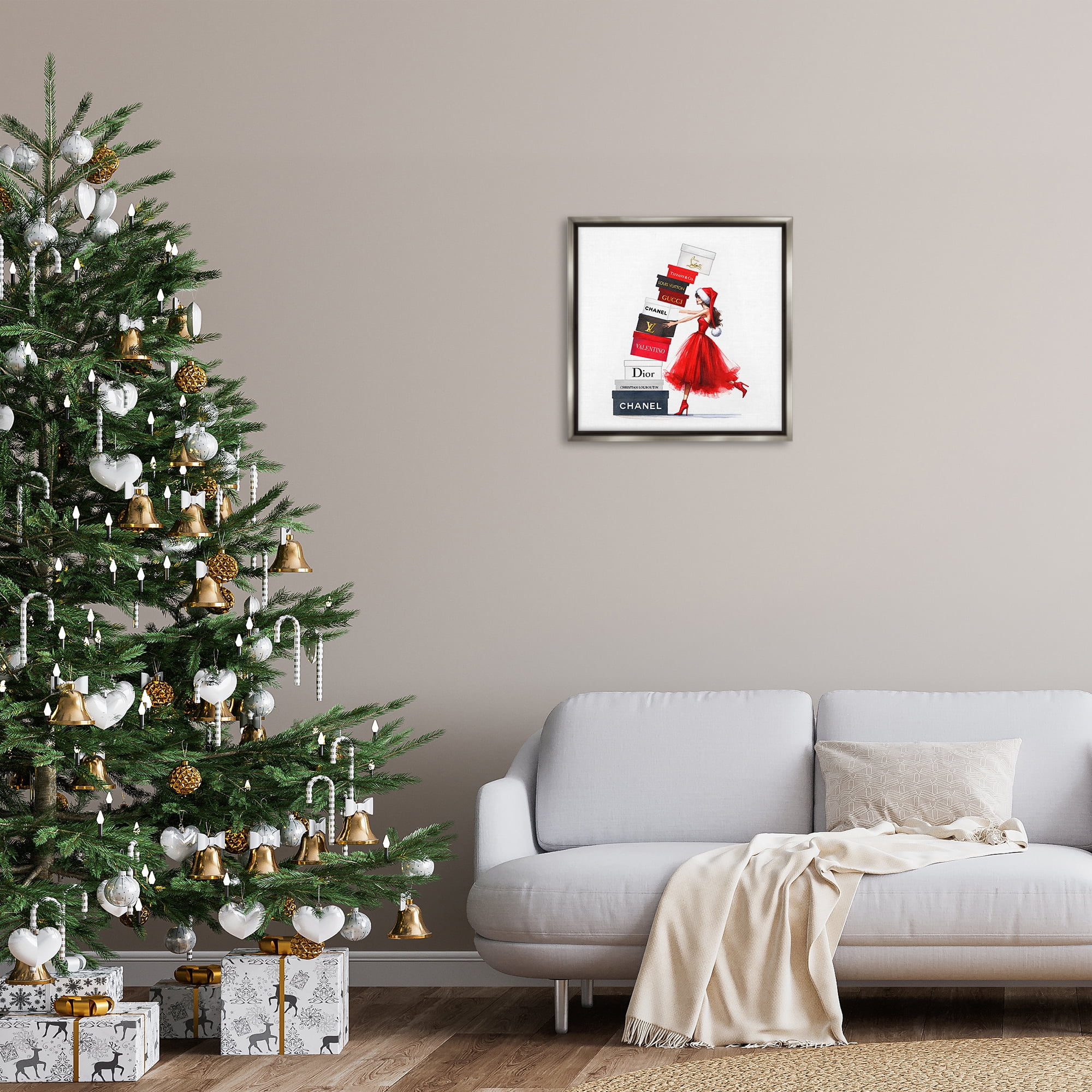 Stupell Industries Holiday Glam Shopping Boxes Holiday Painting Gray Floater Framed Canvas Art Prints Wall Art, 25 x 25