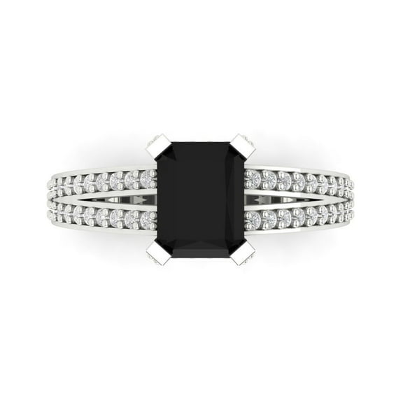 2.35 ctw Solitaire with Zirconia Diamond Accents Anniversary Ring for Women | Emerald Cut Natural Onyx | Hyperallergenic Solid 14K White Gold