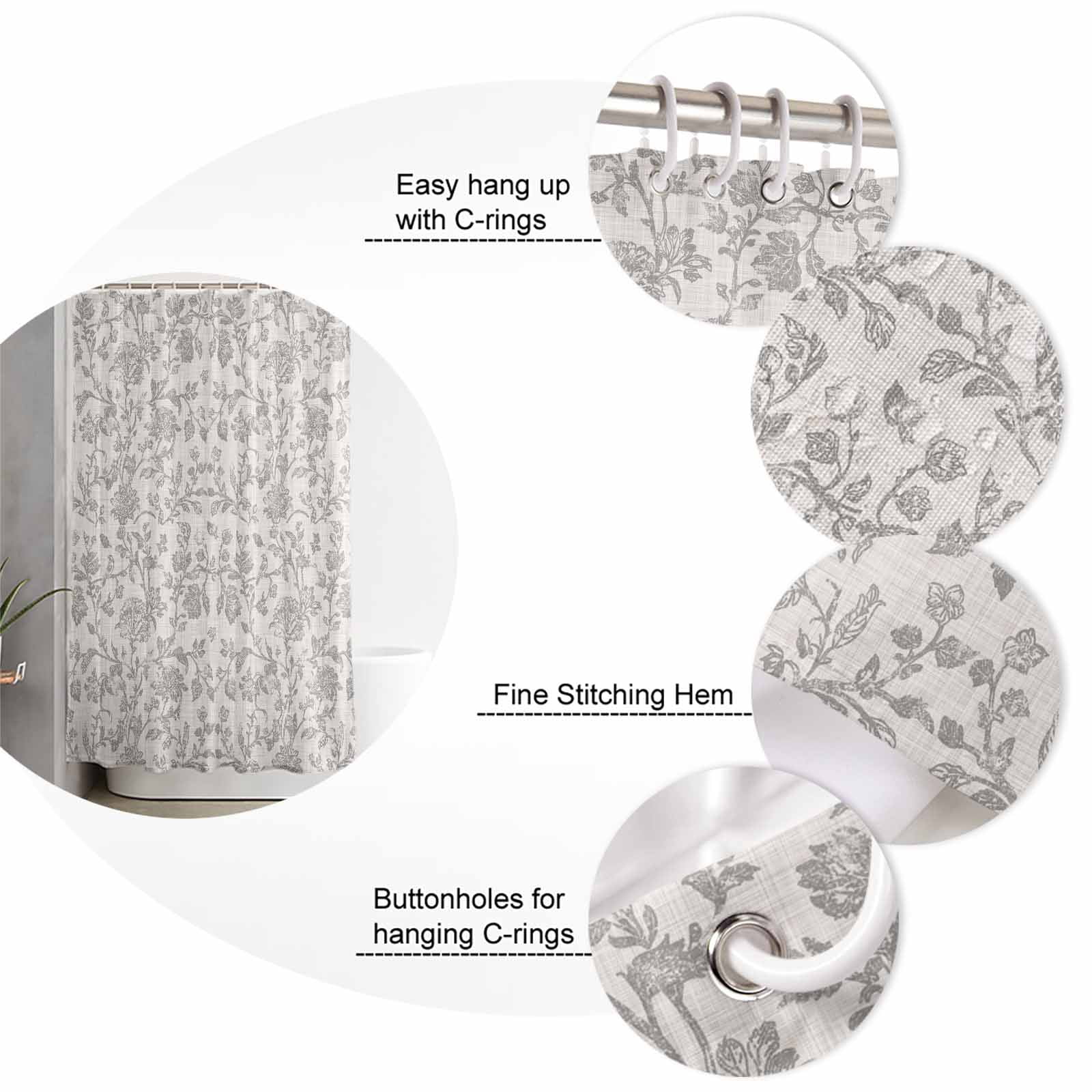 Small Stall Shower Curtain 48x72 Inch Narrow Half Size Farmhouse Flower Bath Curtains Bathroom Decor Botanical Vintage Grey Leaf Plant Waterproof Fabric Shower Curtain Set with Hooks 48 Inch