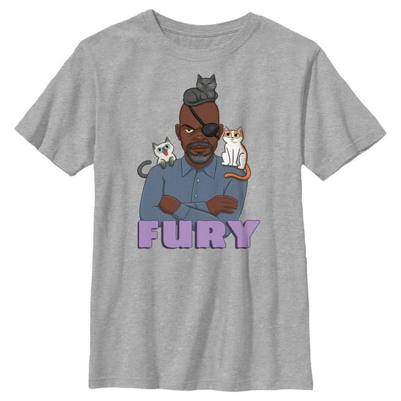 Boy's The Marvels Nick Fury Cat Portrait Graphic Tee Athletic Heather Large