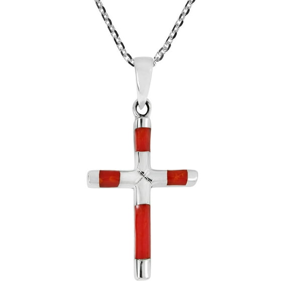 Unisex Cross Red Coral 5 Sterling Silver Religious Necklace - 18 inch