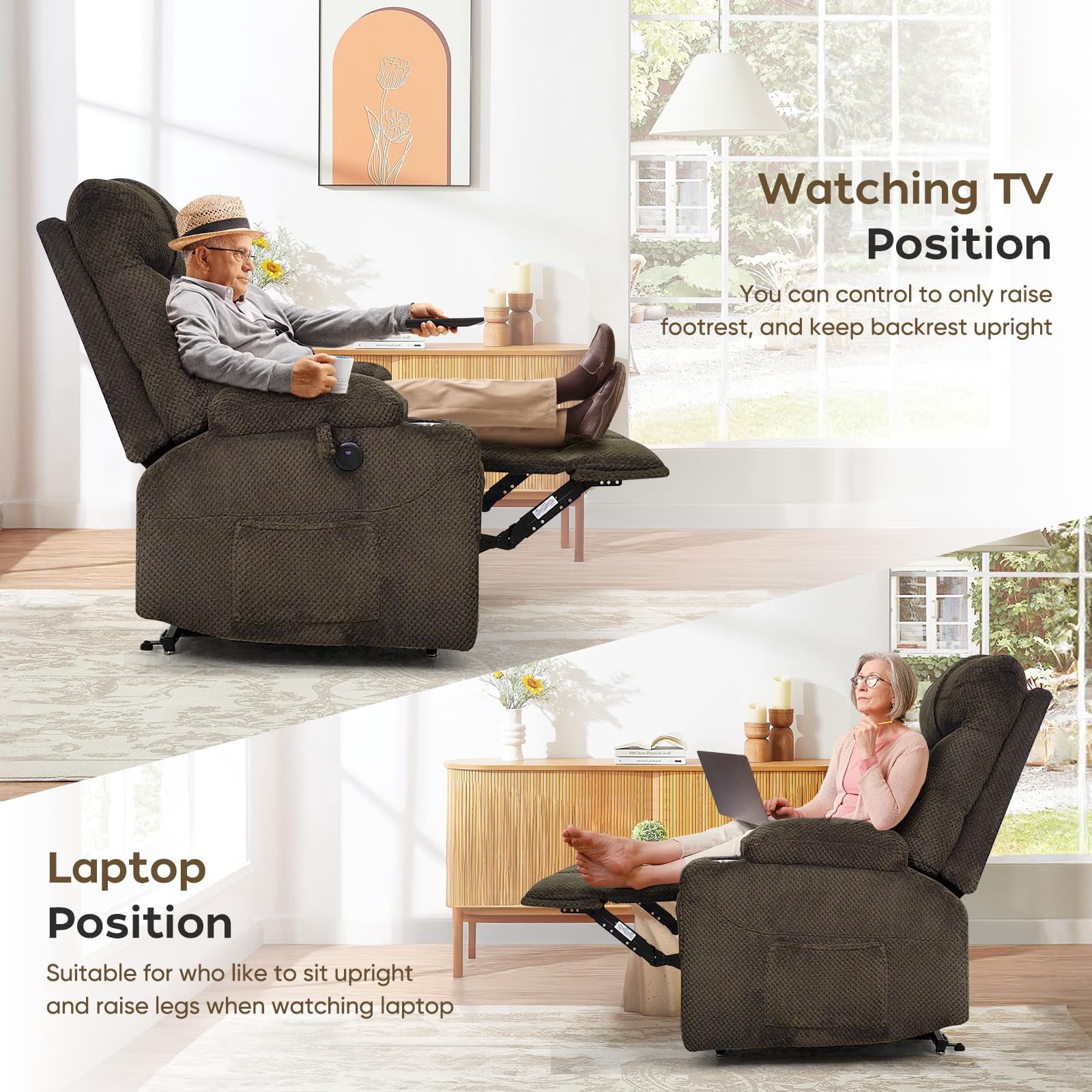 JULY'S SONG Dual Motor Lay Flat Power Lift Recliner Chair with Heat and Massage, USB & Type-C Ports, Large Recliners for Living Room, Oversized Recliner for Adults & Elderly - Dark Brown