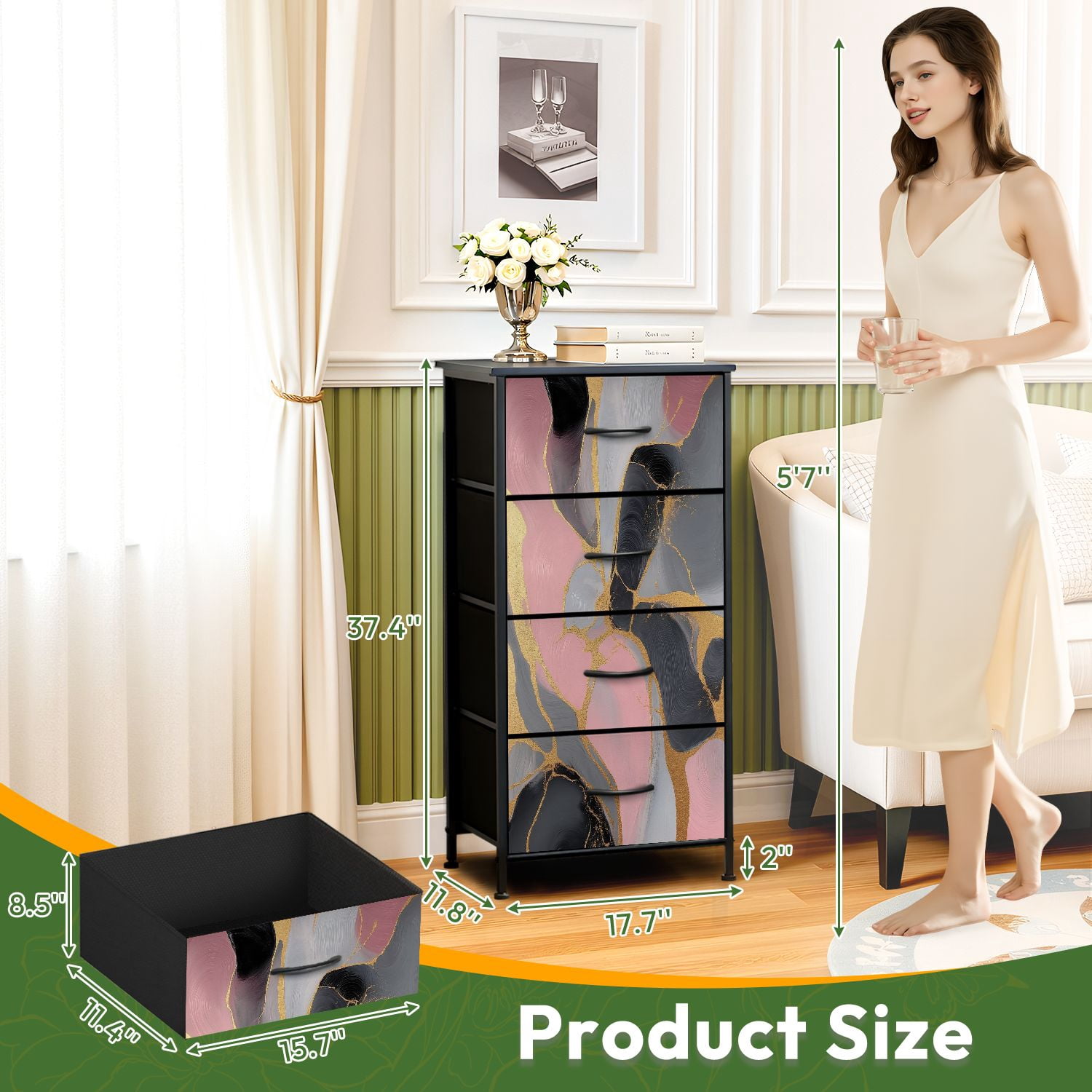 Kanworse 4 Drawer Fabric Dresser for Bedroom Abstract Stains Blue Rose Gold Chests of Drawers for Closet Organizers Storage