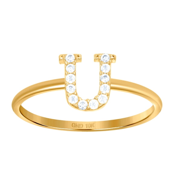 10k Yellow Gold Womens Cubic Zirconia Letter Name Personalized Monogram Initial Alphabet U Ring 1.2mm Wide Ring for Wome
